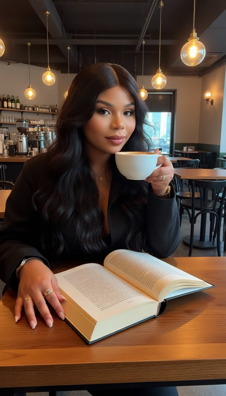 Lora Tia (Early Bird) sitting at a wooden table in a café, holding a cup and smiling, with an open book in front of her.